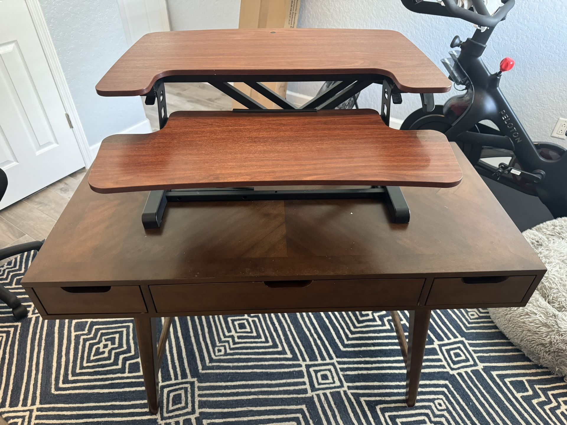 Mid Century Modern Desk with Standing Desk Riser. Sold as a set.