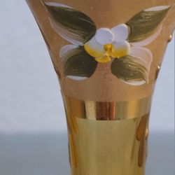 Hand Painted Amber Glass Bud Vase Gold And Floral Accents