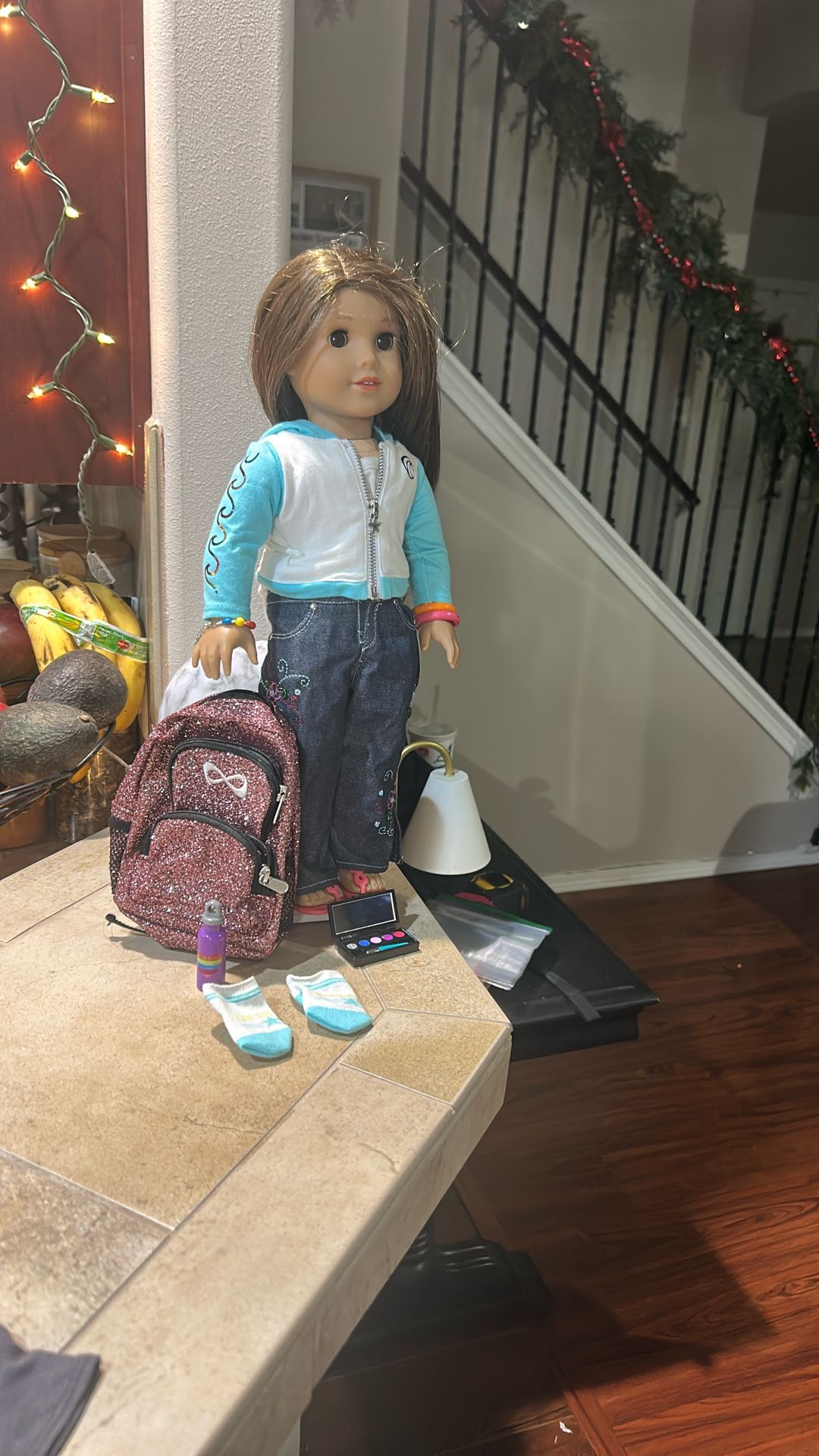 American Doll Outfit With Backpack Water bottle Socks And Eye Shadow Pallet (doll Not Included) 