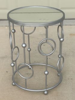 Silver Metal Round Side Table with Glass Top