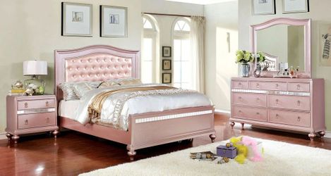 4 Piece Rose Gold Bedroom Set - Bed (Twin, Full or Queen), Nightstand, Dresser & Mir