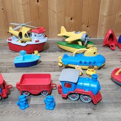 Green Toys: train, plane, tugboat, helicopter, submarine, spaceship