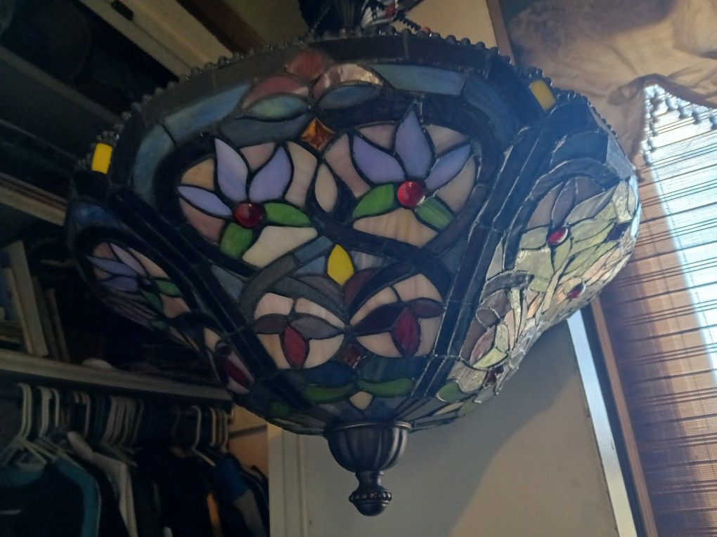 Vintage Tiffany Like Lead And Colored Glass Chandelier/Lamp Shade
