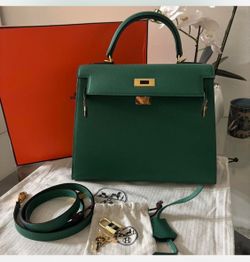 Hermes Kelly 28 Dark Green Epsom Leather Sellier Handbag Tote