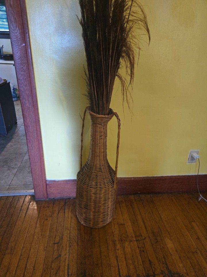Large Vintage Wicker Rattan Vase 70's