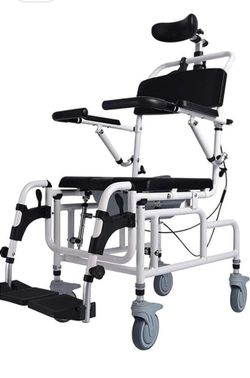 Commode Chair Silla reclinable de 45° para ducha/inodoro con asiento acolchado, respaldo, reposabrazos. Brazos abatibles y reposapiés, cubo de cómoda 