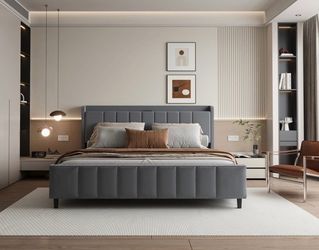 New Modern Queen Bed Upholstered Wingback Bed w/ Storage Headboard & Charging Station – Queen – New  New in box ZE01-Q Clean-lined designed Upholstere