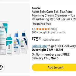 CeraVe Acne Skin Care Set, 5oz Acne Foaming Cream Cleanser + 1oz Resurfacing Retinol Serum + 2oz AM Facial Moisturizing Lotion with SPF 30 + 2oz PM Fa