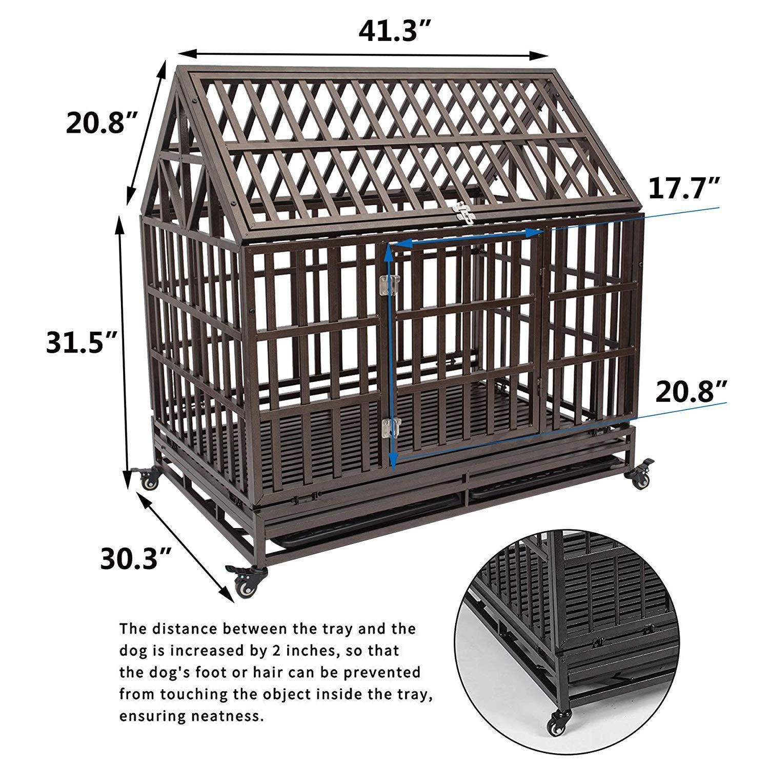 46 inch with roof Heavy Duty Dog Crate Strong Metal Pet Kennel Playpen with Two Prevent Escape Lock, Large Dogs Cage with Wheels, Black