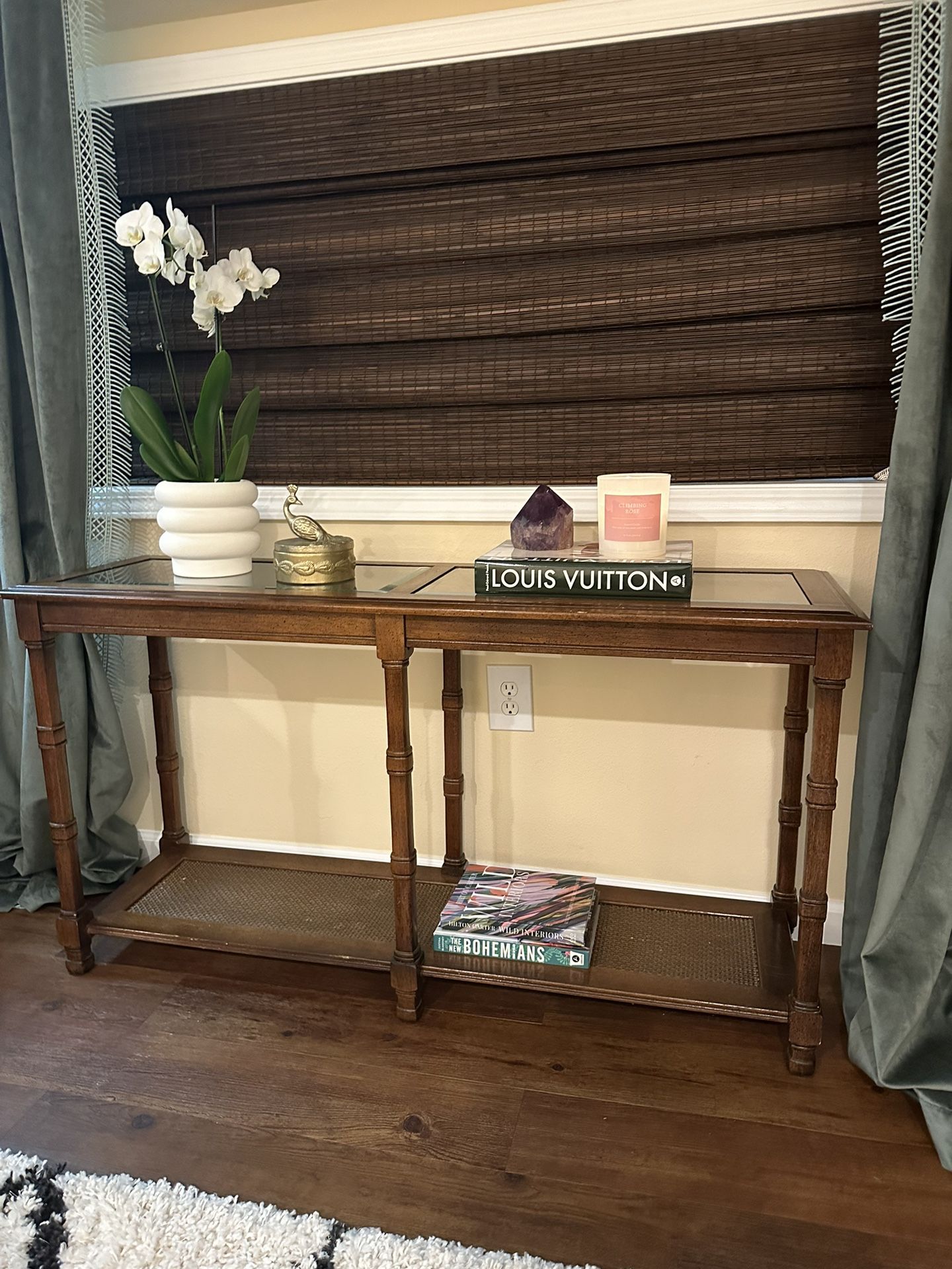 1970’ Mid Century Walnut Console Table W/ Glass