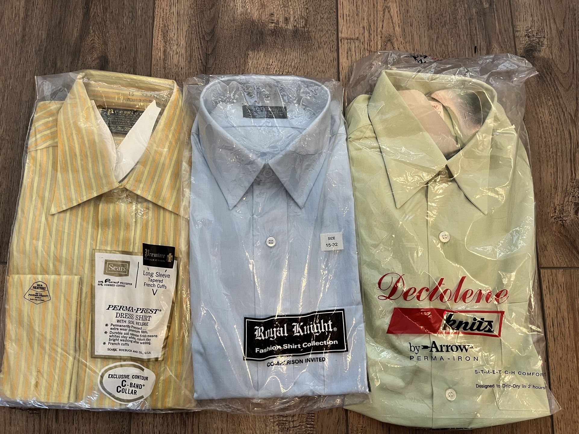 Three new dress shirts: Sears Perma-Prest, Royal Knight, Arrow Dectolene Knits. Sizes: 15-32 & 15-33