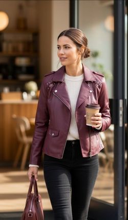 "Love Star" Women's Size XL Burgundy Faux Leather Zip Pockets Short Jacket Coat. This Love Star faux leather motorcycle jacket features a deep burgund