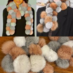 Marcus Adler NWT 100% Genuine Rabbit Fur gray/white&tan Pom Poms scarf 4" x 72"