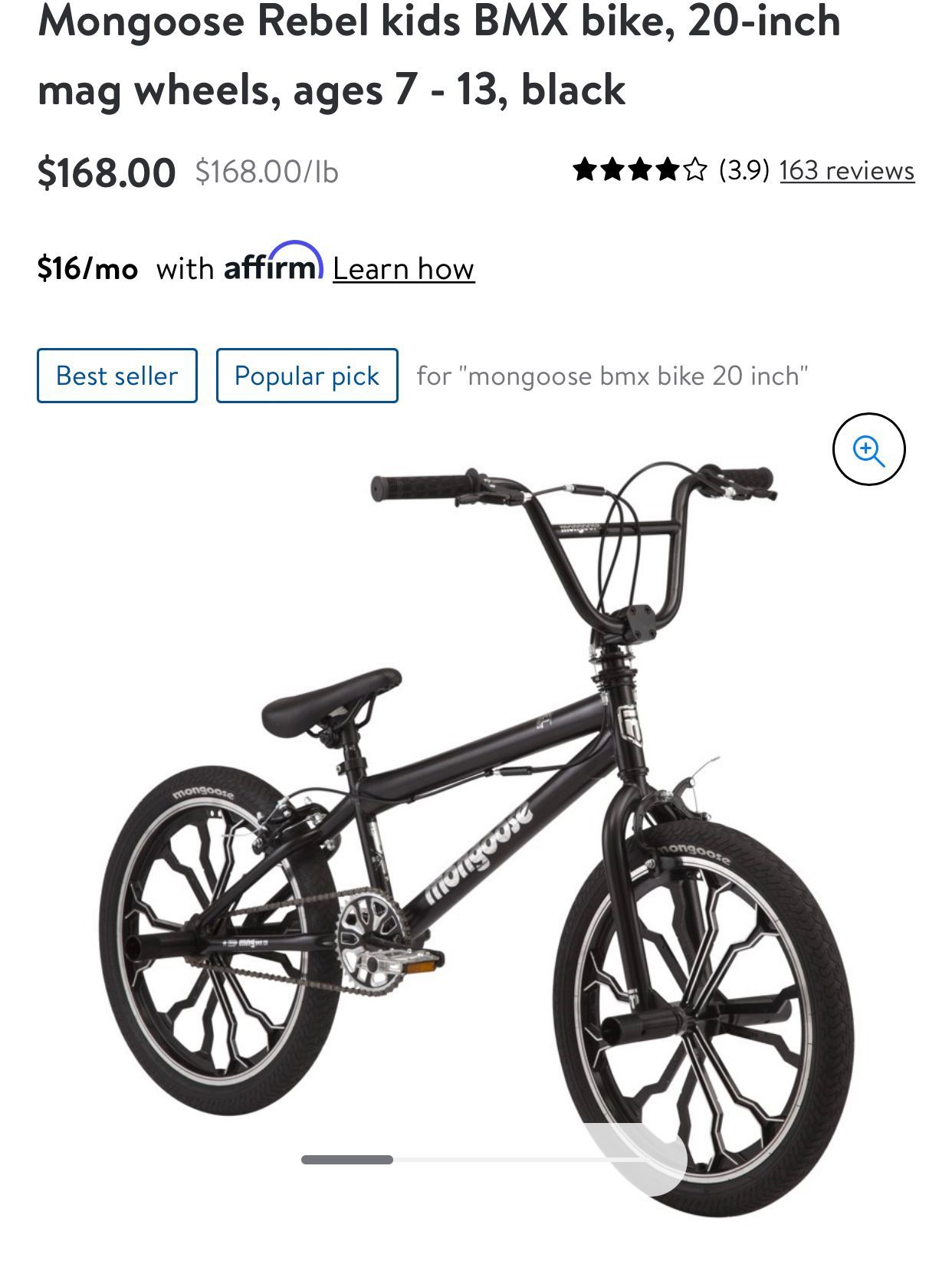 New in box Mongoose Rebel kids BMX bike, 20 inch mag wheels