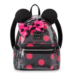 Disney Parks Loungefly Minnie Mouse Black Sequin Fuchsia Polka Dot Backpack