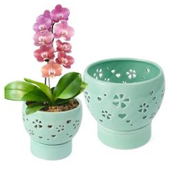 Lovely Ran 2 pcs Orchid Pots with Holes 7.7+5.4inch Size Set Self Watering Ceramic Orchid Pot Breathable Slotted Planter Pot for Orchid Care and Root 