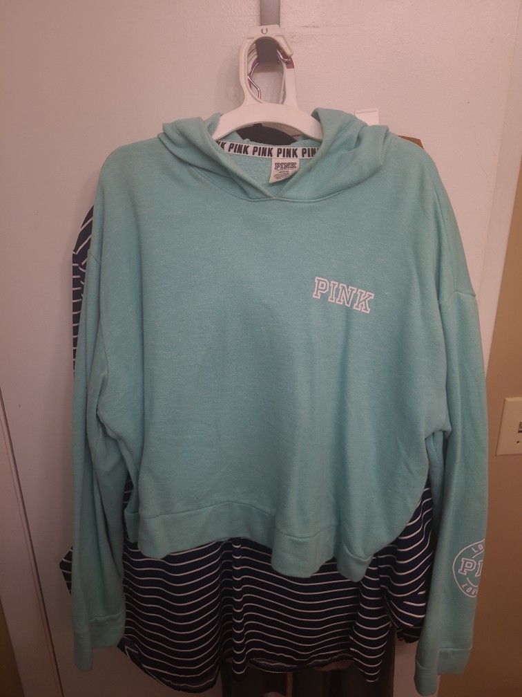 Victoria Secret Pink Aqua Crop Hoodie Size M