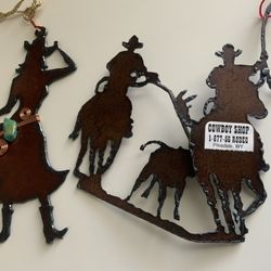 Western Metal Cowboys & Cowgirl Ornaments Lot of 2