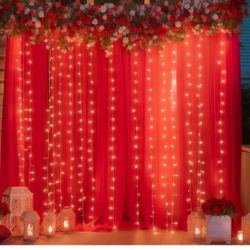 20x10ft Red Tulle Backdrop Curtain with Lights String for Parites, Sheer Photo Backdrop Curtains with Lights for Wedding Backdrop Ceremony Reception B