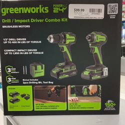 Brand New Greenworks 24V MAX Cordless Drill & Impact Driver, Batteries, Charger Combo Kit