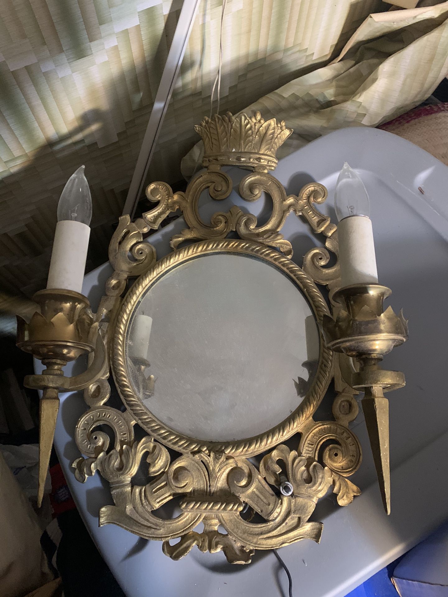 Antique Sconce Lights & Mirror, Gilded