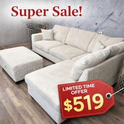 Beige corduroy sectional sofa with ottoman 