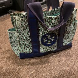 Preowned Tory Burch Logo Charm Green Blue Shoulder Tote Medium  Bag