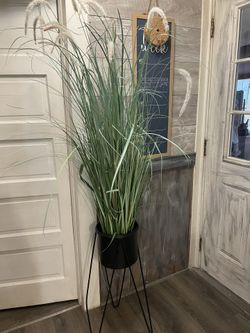 Faux Pom Grass In Black Planter 