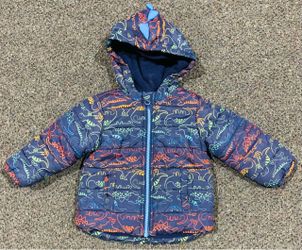 Little Me boys size 12 month multi colored fleece lined dinosaur hooded puffer jacket