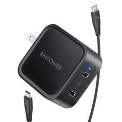 USB C Charger RAVPower 65W Fast Wall Charger, PD3.0 & GaN Tech 2-Port Power Adapter Type C Compact Foldable Travel Charger for iPhone 12 Mini Pro Max,