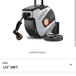 SUNPOW Retractable Garden Hose Reel - 1/2 inch x 50ft Wall Mounted Hose Reel with 3/4 inch Brass Fitting & 10 Function Sprayer Nozzle - Any Length Loc