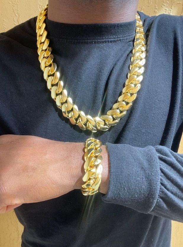 Miami Cuban Link Gold Plated Cuban Set Necklace Chain & Bracelet