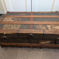 Rare H.A.Winship Antique Vintage FlatTop Steamer Trunk Coffee Table StorageChest