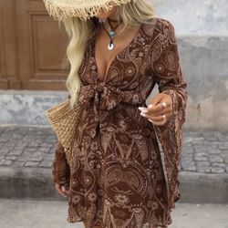 Brillora Holiday Woven Printed V- Neck Front-Tie Jumpsuit Dress With Bell Sleeves For Women, Casual Women Dresses