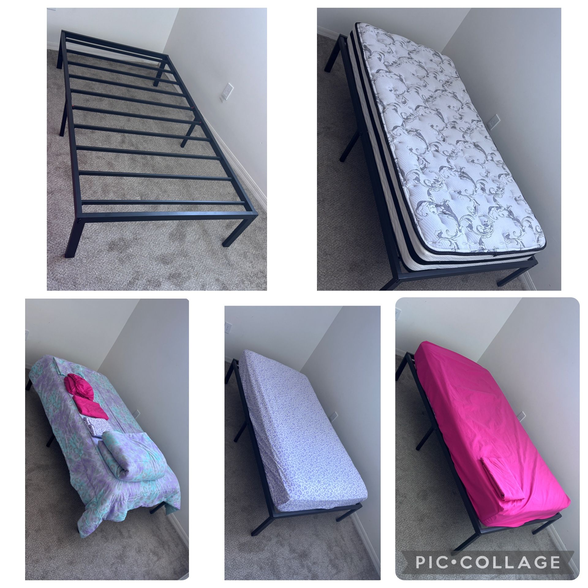 Twin bed + Mattress + 2 Sheets + 2 twin comforter  Cama twin + Colchón + 2 Sabanas + 2 cubre camas