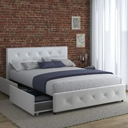 White DHP Dakota Upholstered Queen Bed with Storage Drawers