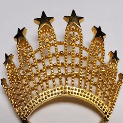 Goldtone Filigree Tiara Crown Brooch With 6 Stars