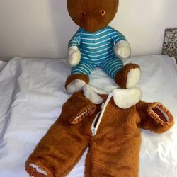 Vintage Teddy Bear Starburst Eyes removable blue stripe pajamas