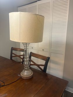 Glass lamp with wood trim