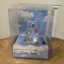 Hand finished Glass Bear With Flower Ornament 