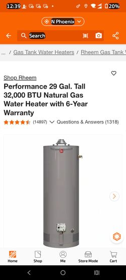 New Rheem 29 Gallon Water Heater 32000BTU