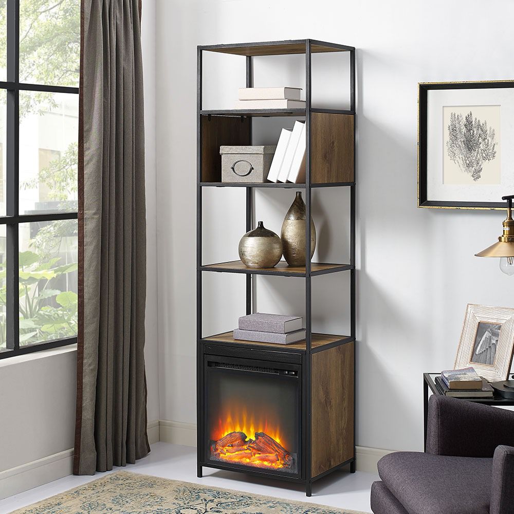Mainstays Atmore 4-Shelf Media Tower with Fireplace DESCRIPTION: Contemporary designed media tower Mixed media design Great for small living 4 open s