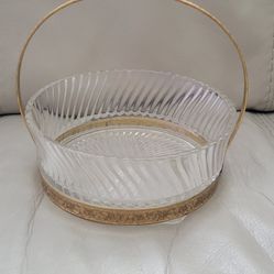 Vintage Glass Bowl With Brass Base And Handle