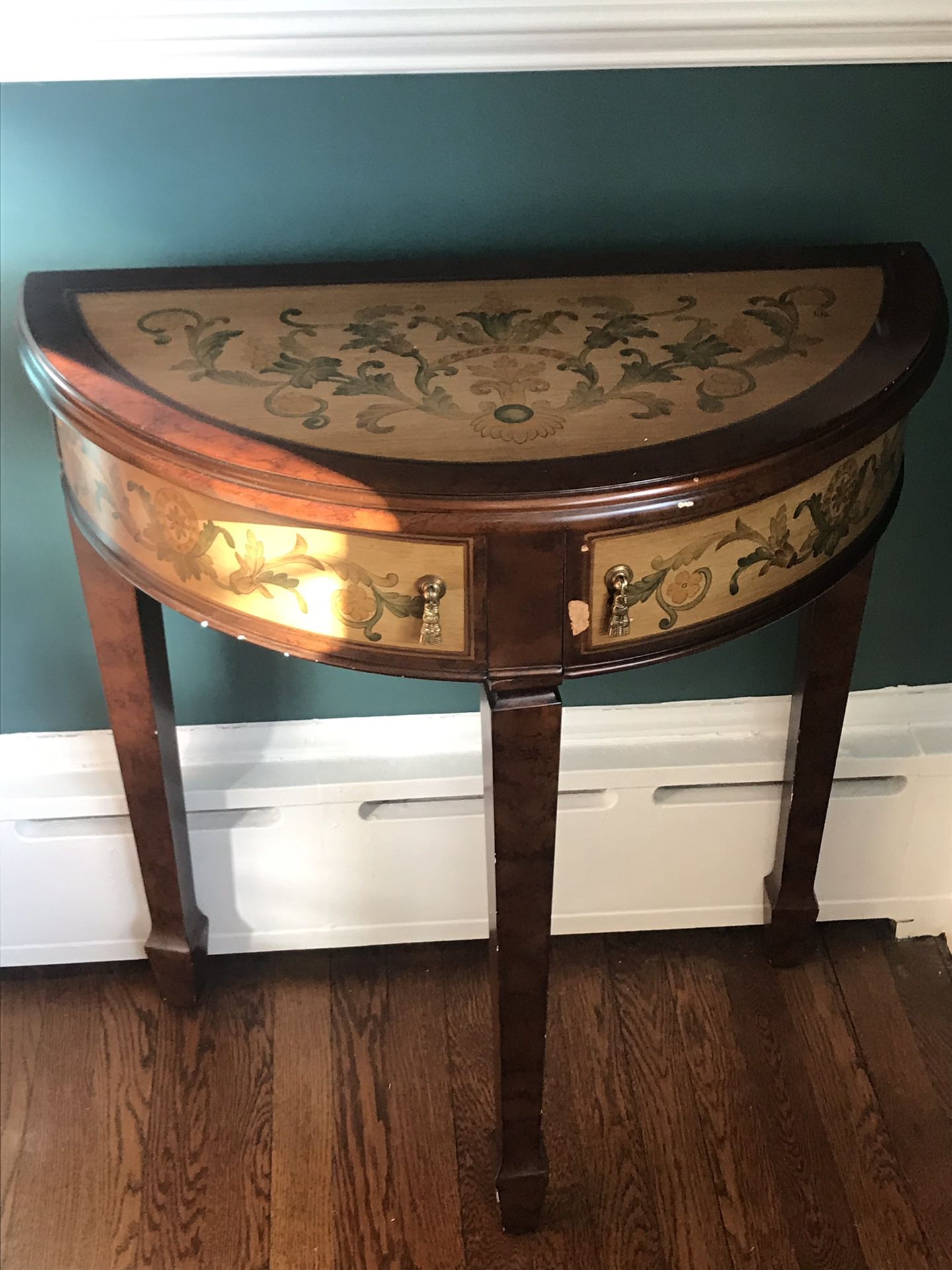 Antique Mahogany Half Moon Side Table with 2 drawers and floral design