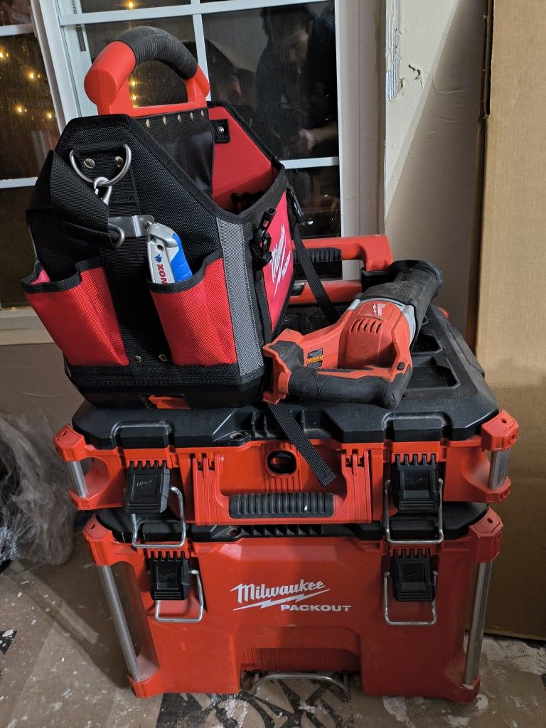 Milwaukee Box And Saw Saw And Electrical Bag