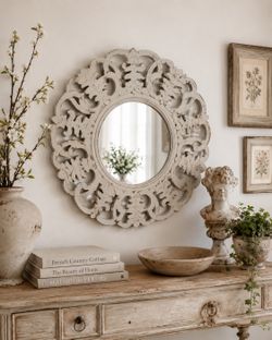 Vintage Style French Country Distressed Scroll Wall Hanging Mirror Cottage Chic Greige Ornate Decor 