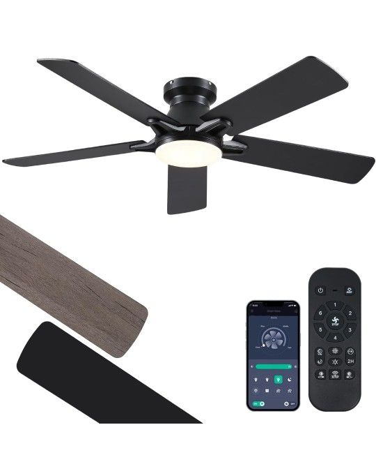 52 Inch Black Flush Mount Ceiling Fan with Dimmable LED Light, Remote/APP Control, Reversible DC Motor, Low Profile for Modern Indoor and Outdoor Pati