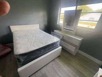 Full size bed frame with mattress and dresser with mirror all new furniture free delivery
