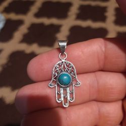 Simulated Turquoise Gemstone Hamsa Hand Pendant 925 Silver