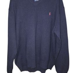 Vintage Polo Ralph Lauren 100% Lambs Wool V Neck Sweater Large Blue Preppy